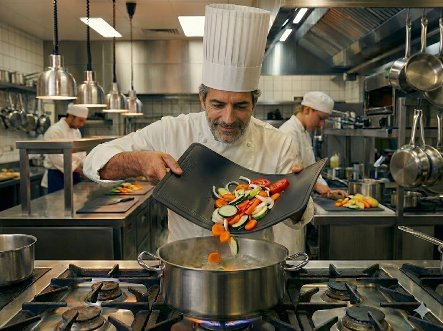 Chef folds the flexible CHEFEAT TPU cutting board to pour chopped vegetables into a pan