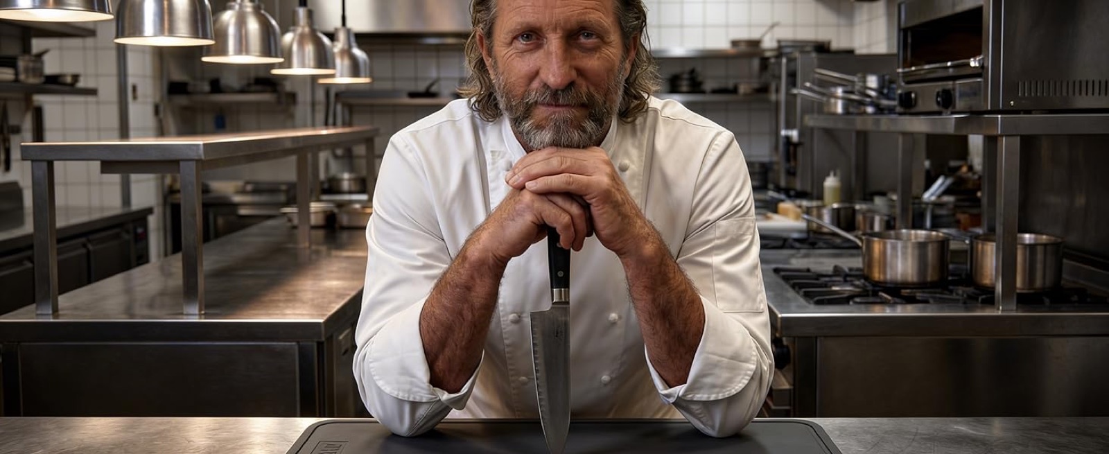 Professional chef with a knife beside the CHEFEAT TPU cutting board in a restaurant kitchen