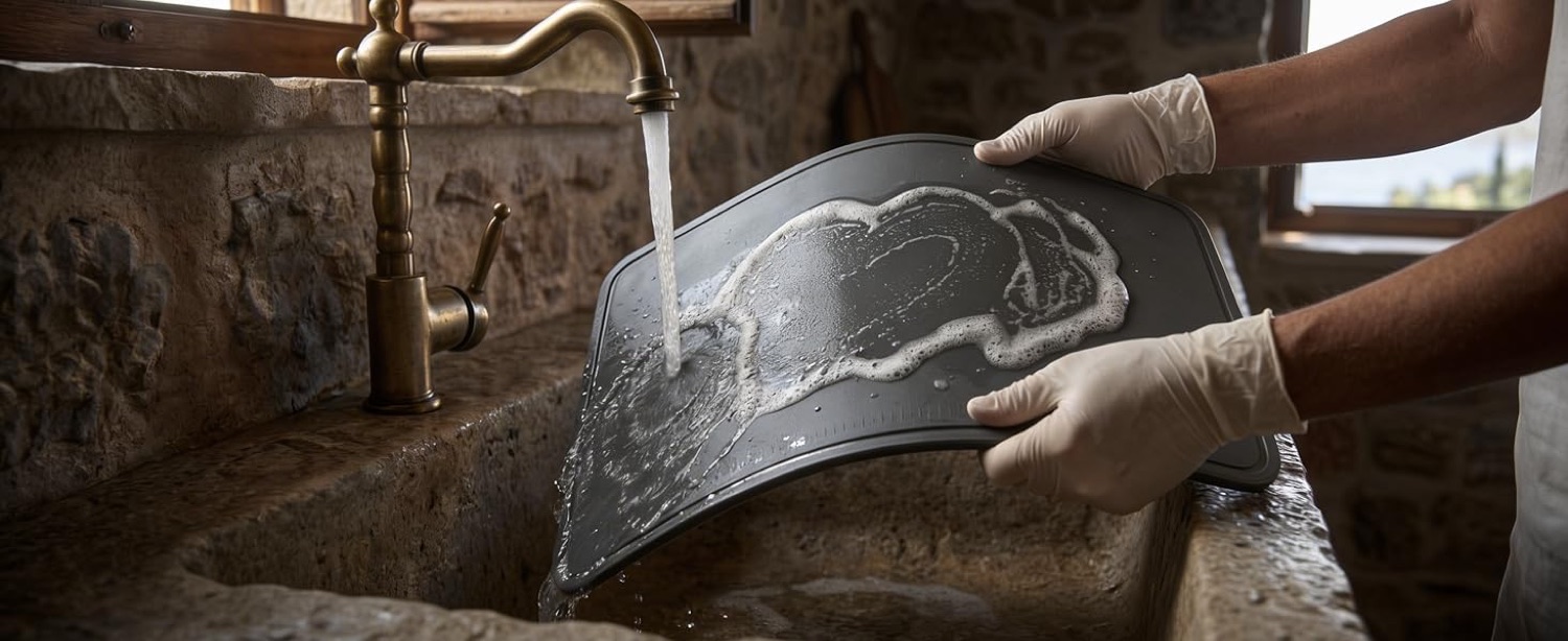 Rinsing a soapy CHEFEAT TPU cutting board clean under a tap